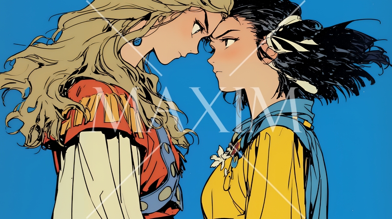 にらみ合う二人の若い女性