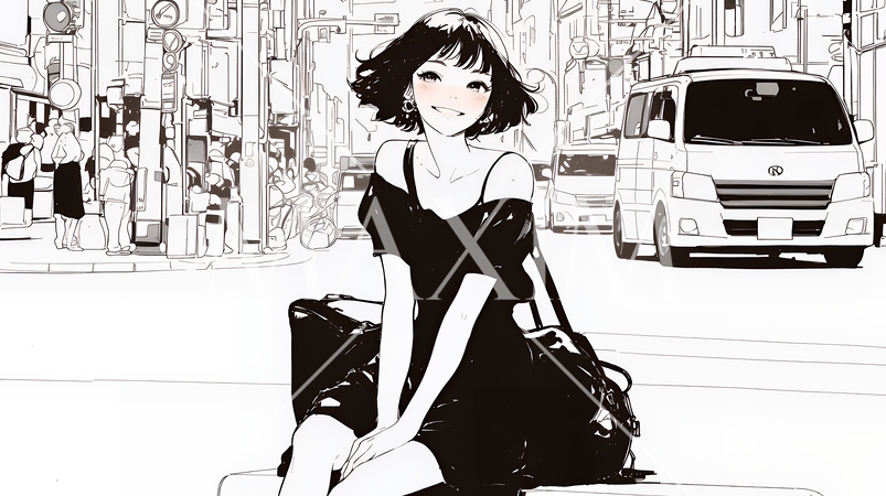 若い女性が佇む都市の街角（シンプルな色使い）