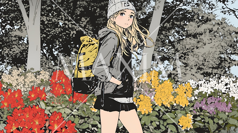 満開の春の花々と若い女性