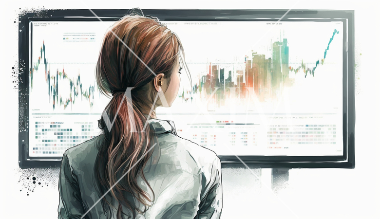 モニターに表示された株価チャートと注文画面を見つめる女性トレーダーの後ろ姿。