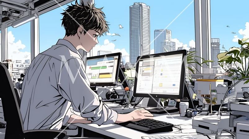 職場のデスクでパソコンに向かって仕事をしているビジネスマン