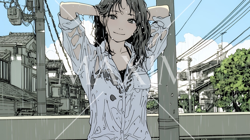 夏の急な雨でびしょ濡れの若い女性