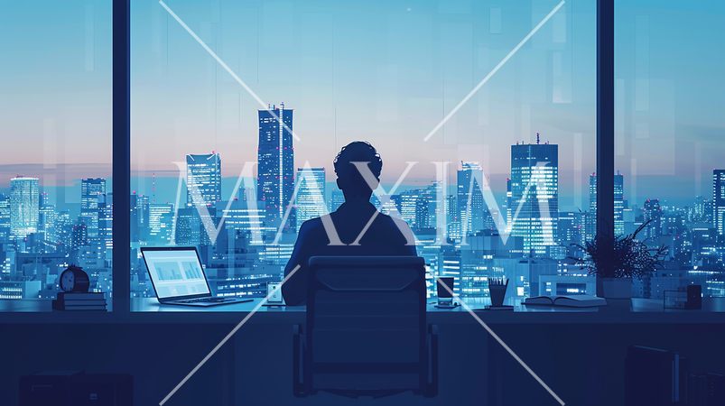 徹夜明けのビジネスマン：オフィスで徹夜をして朝日が上がろうとしている