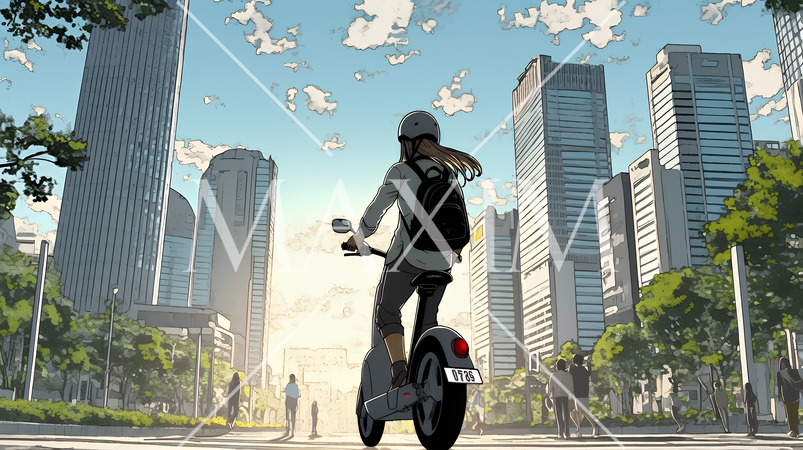 特定小型原付で都会を移動するビジネスパーソン