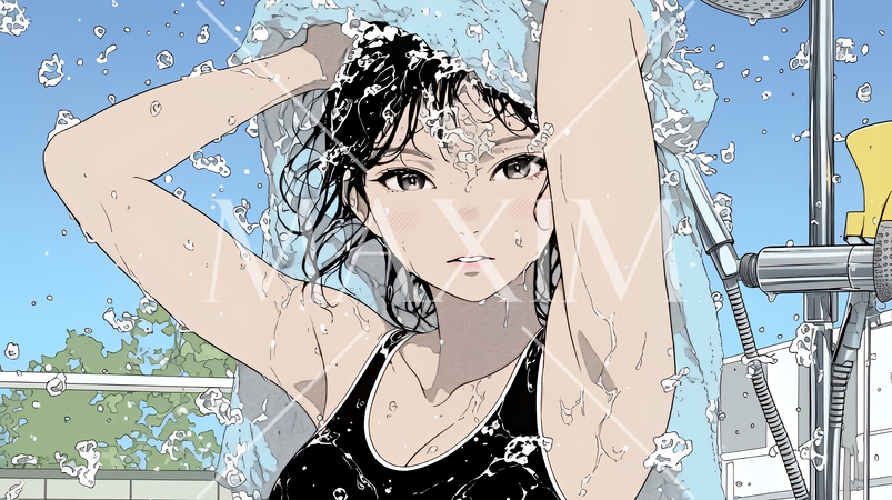 海水浴の後のシャワーを浴びている若い女性