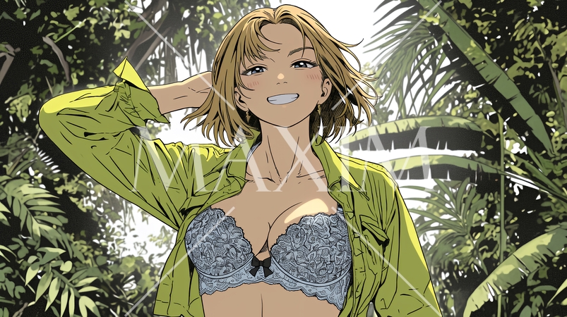 山原の森ではだをはだけている若い女性