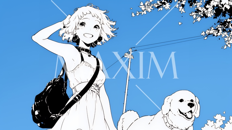 愛犬と散歩している若い女性（シンプルな色使い）