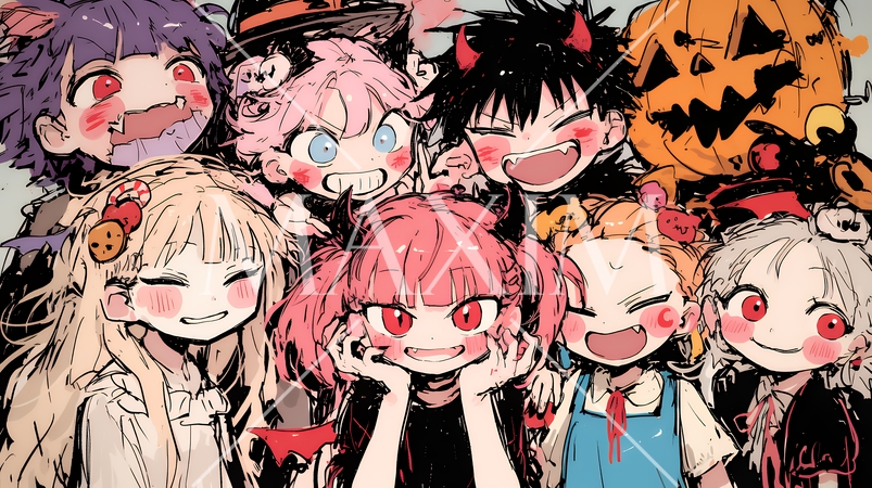 キモかわいいハロウィーンコスプレの女の子（クレヨンと水彩画風）