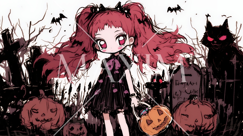 キモかわいいハロウィーンコスプレの女の子（クレヨンと水彩画風）