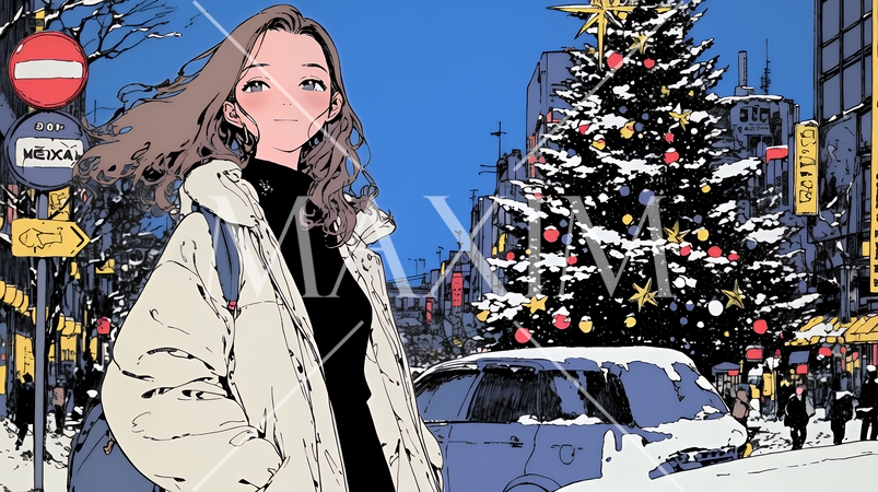 クリスマスイルミネーションが美しい街を散策する若い女性