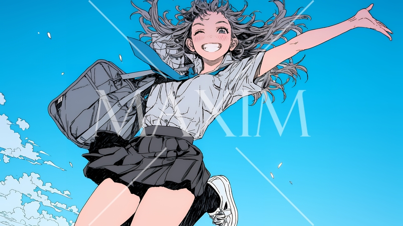 嬉しさのあまり飛び跳ねる制服姿の女子高生