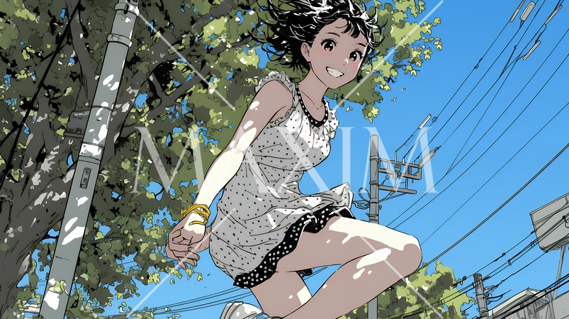 喜びにあふれ、軽やかにスキップする若い女性