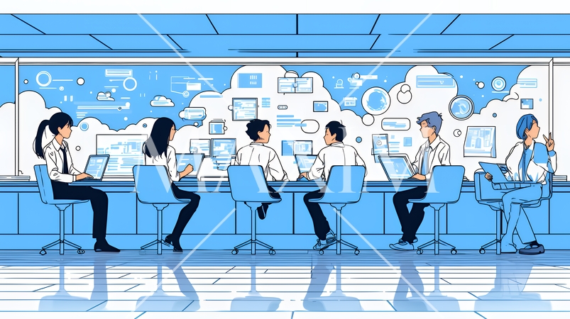 ITビジネスとクラウド技術のコンセプト｜ノートPCで働くチームとデータネットワークのイメージ