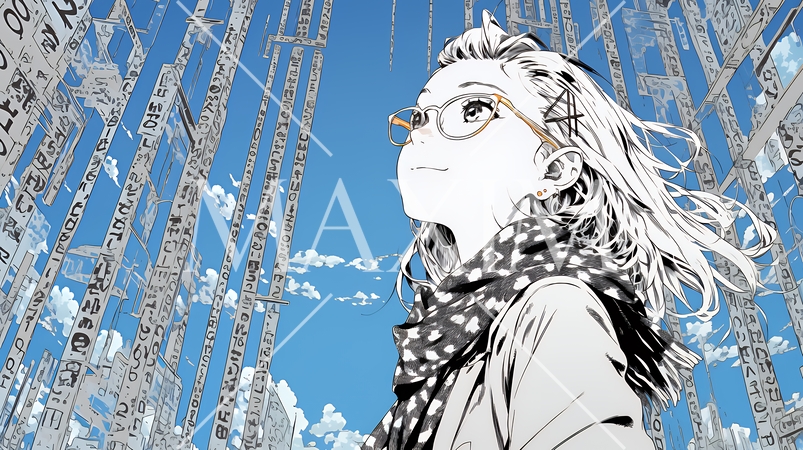 デジタルデータと日本人ビジネスウーマン｜AI・IT時代のテクノロジーイメージ（バイナリーコード）