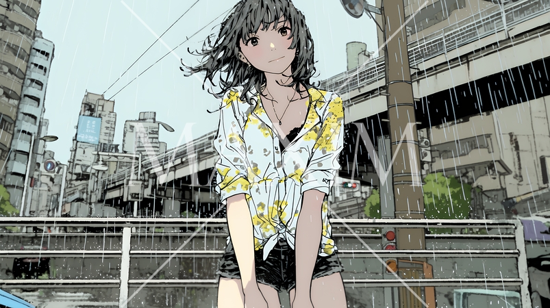 夏の急な雨でびしょ濡れの若い女性