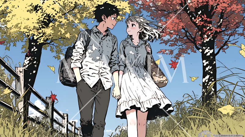 紅葉の小径を歩く若いカップル