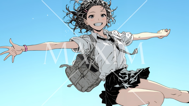 嬉しさのあまり飛び跳ねる制服姿の女子高生