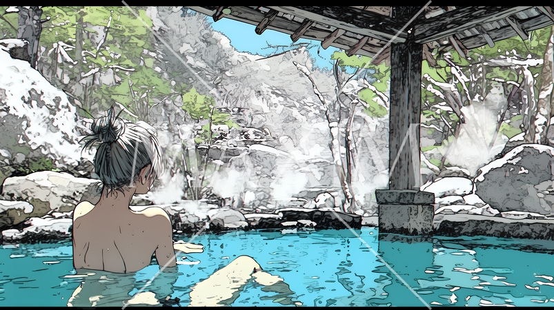 露天風呂に浸かっている若い女性