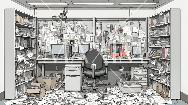 足の踏み場もないような散らかった仕事場