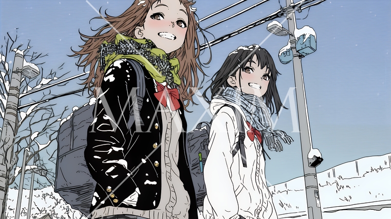 雪の日に友達と通学する女子高生