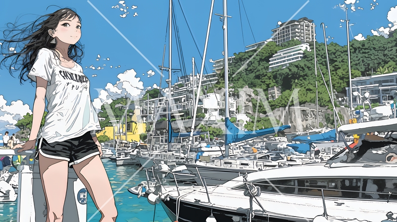 沖縄のヨットハーバーに立つ若い女性