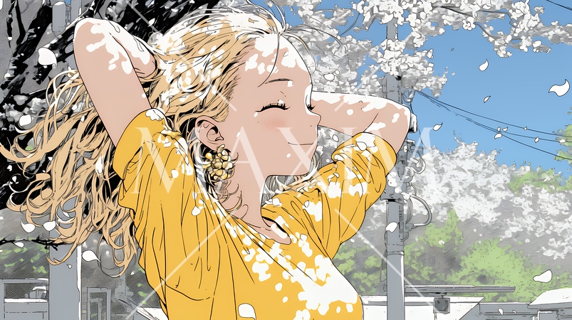 満開の桜の下、春風に乱れた髪を整える若い女性