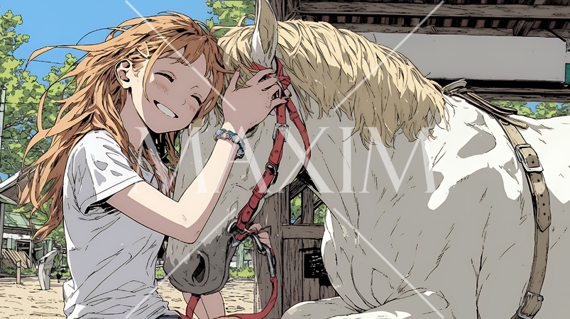 馬の世話をしている若い女性