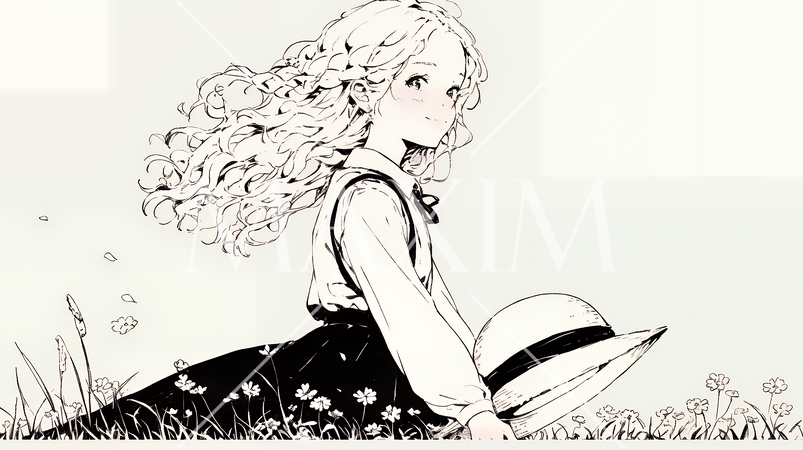 春風に飛ばされそうな帽子を、手で押さえる若い女性（シンプルな色使い）