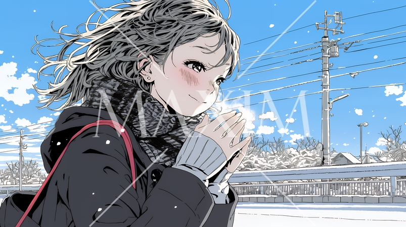 かじかんだ手に息を吹きかけて温めている若い女性