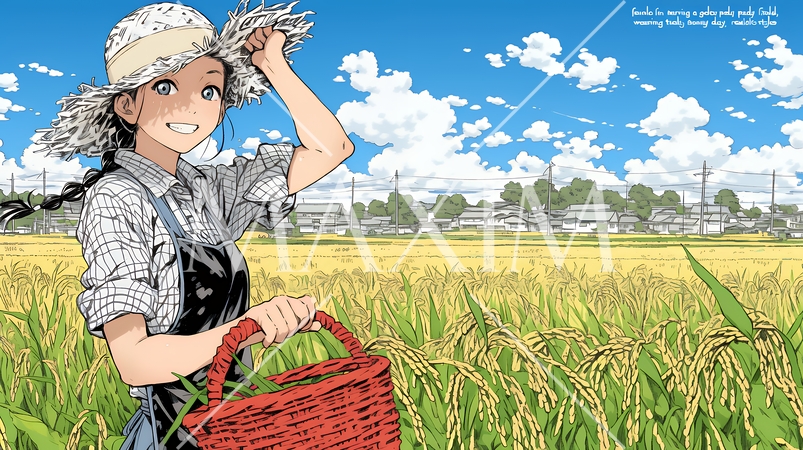 田んぼで農作業をしている女性