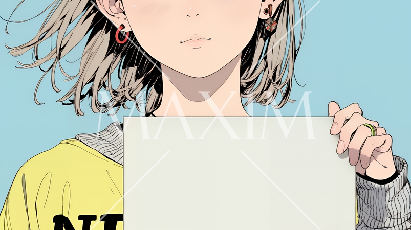 何も描いていないメッセージボードを掲げる若い女性