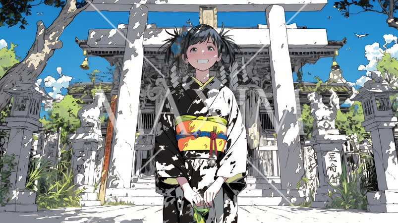 和服を着て初詣をしている若い女性