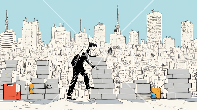 コンクリートブロックを積み上げているビジネスマン：計画の段階的積み重ねの比喩