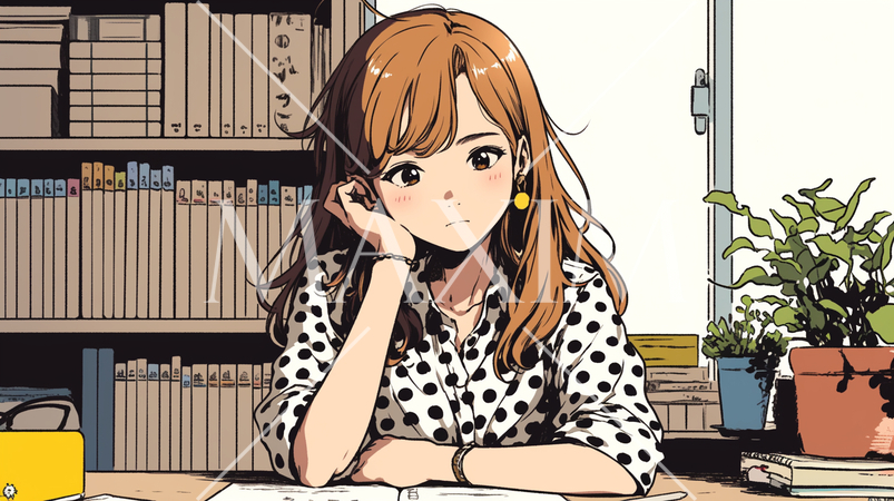 図書館でほーっと考え事をしている若い女性