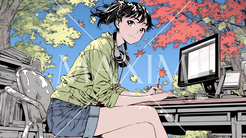 美しい紅葉の中でもPCを手放せない若い女性