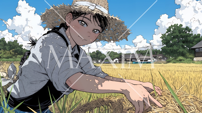 田んぼで農作業をしている女性