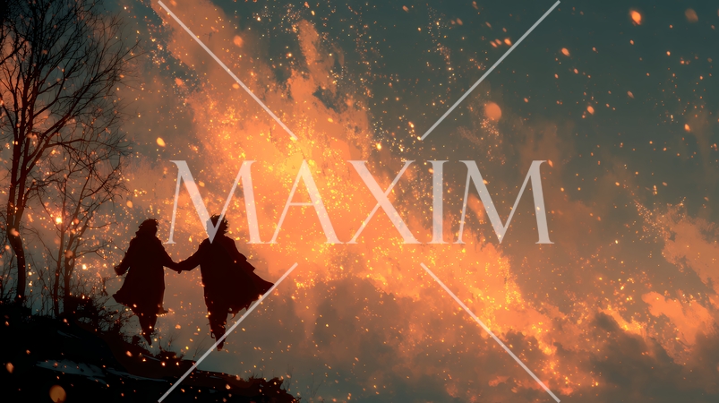 宇宙空間で二人で手を取り合う恋人たち