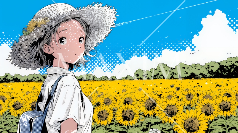 真夏の青空のもと、ヒマワリ畑を散策している若い女性