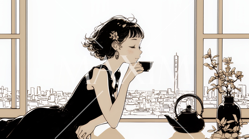 リビングで紅茶を飲んでいる女性（シンプルな色使い）