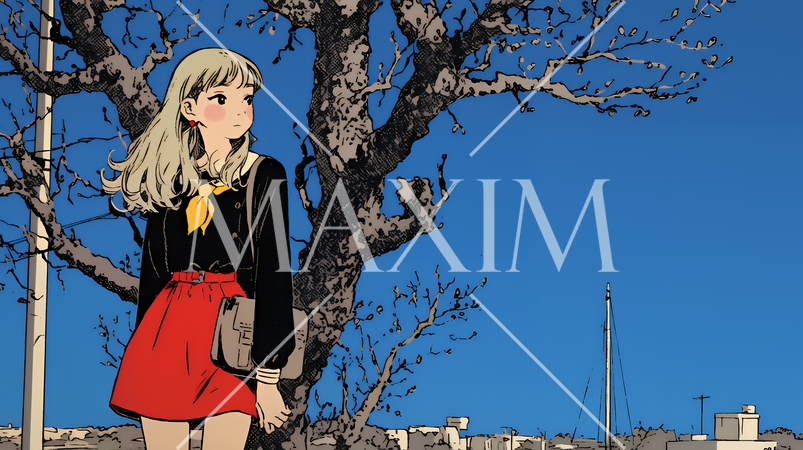 冬枯れの郊外の道を歩く若い女性