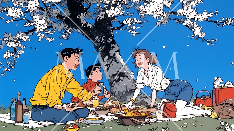 満開の桜の下で仲間たちと花見宴会