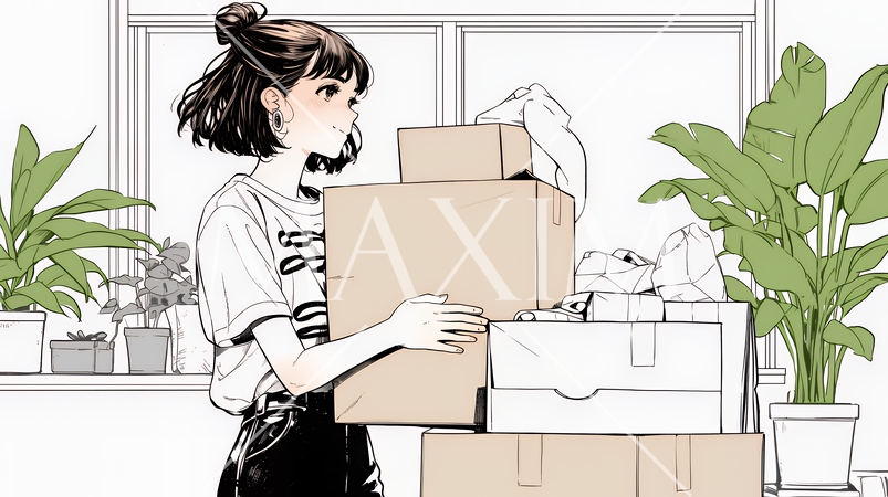 引っ越しの荷造り・荷解きをしている若い女性（シンプルな色使い）