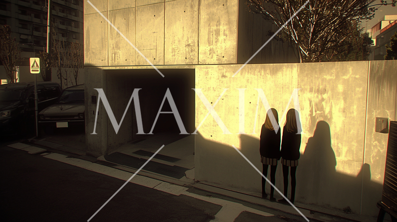 夕日の中、仲の良い二人の女子高生が寄り添っている