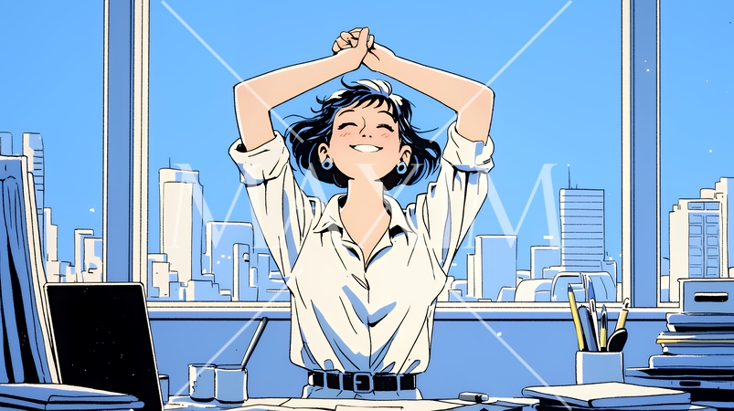 仕事の合間にストレッチ（伸び）をする女性