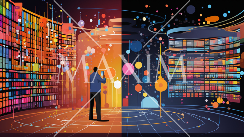 ビッグデータとAI：データ解析、AIが洞察を得る、データセンターの様子。