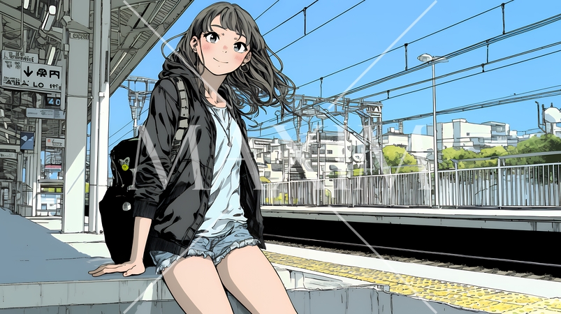 駅のホームで、なかなか来ない電車を待ちくたびれている若い女性