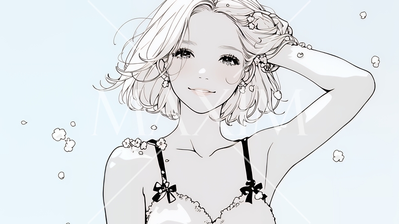 満開の桜の下、春風に乱れた髪を整える若い女性（シンプルな色使い）