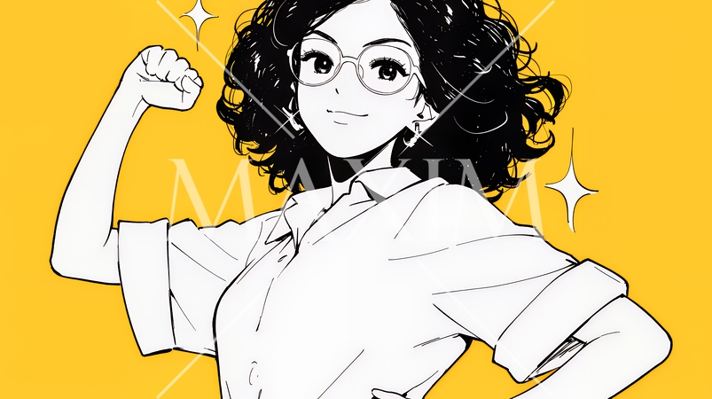 ガッツポーズ（拳を握って力強く）をしているビジネスウーマン（シンプルな色使い）