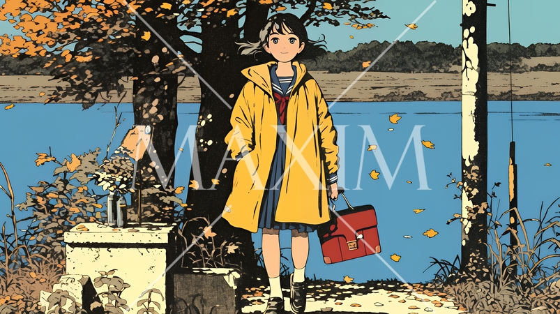 水辺の紅葉の小径を散策している若い女性