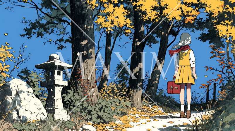 紅葉の小径を歩く若い女性